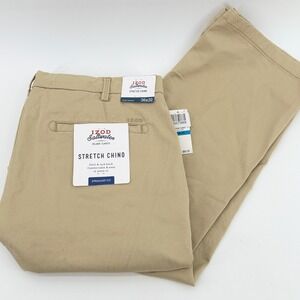 IZOD Saltwater Stretch Chino Pants Mens 36x32 Pale Khaki Straight Fit Flat Front